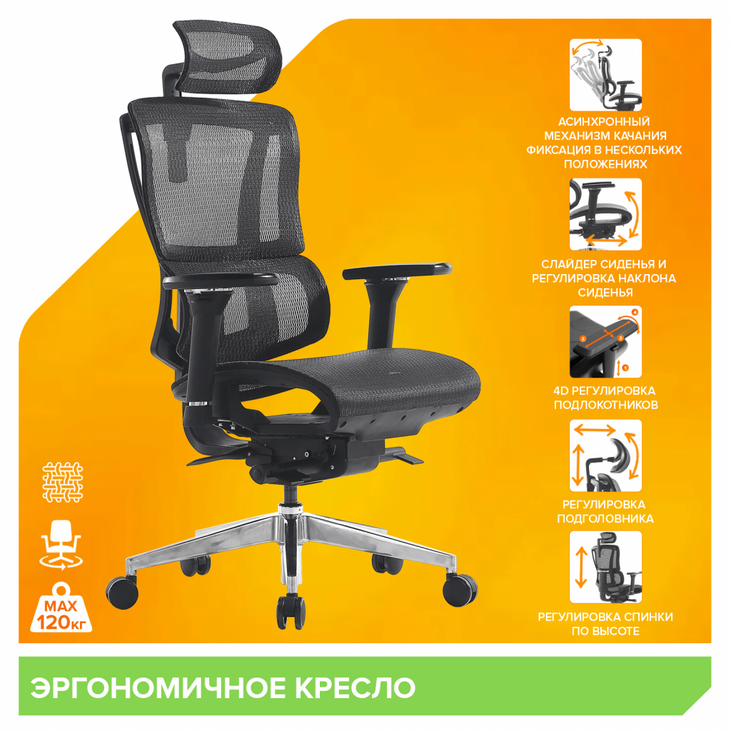 Эргономичное кресло Everprof Mega Сетка Черный